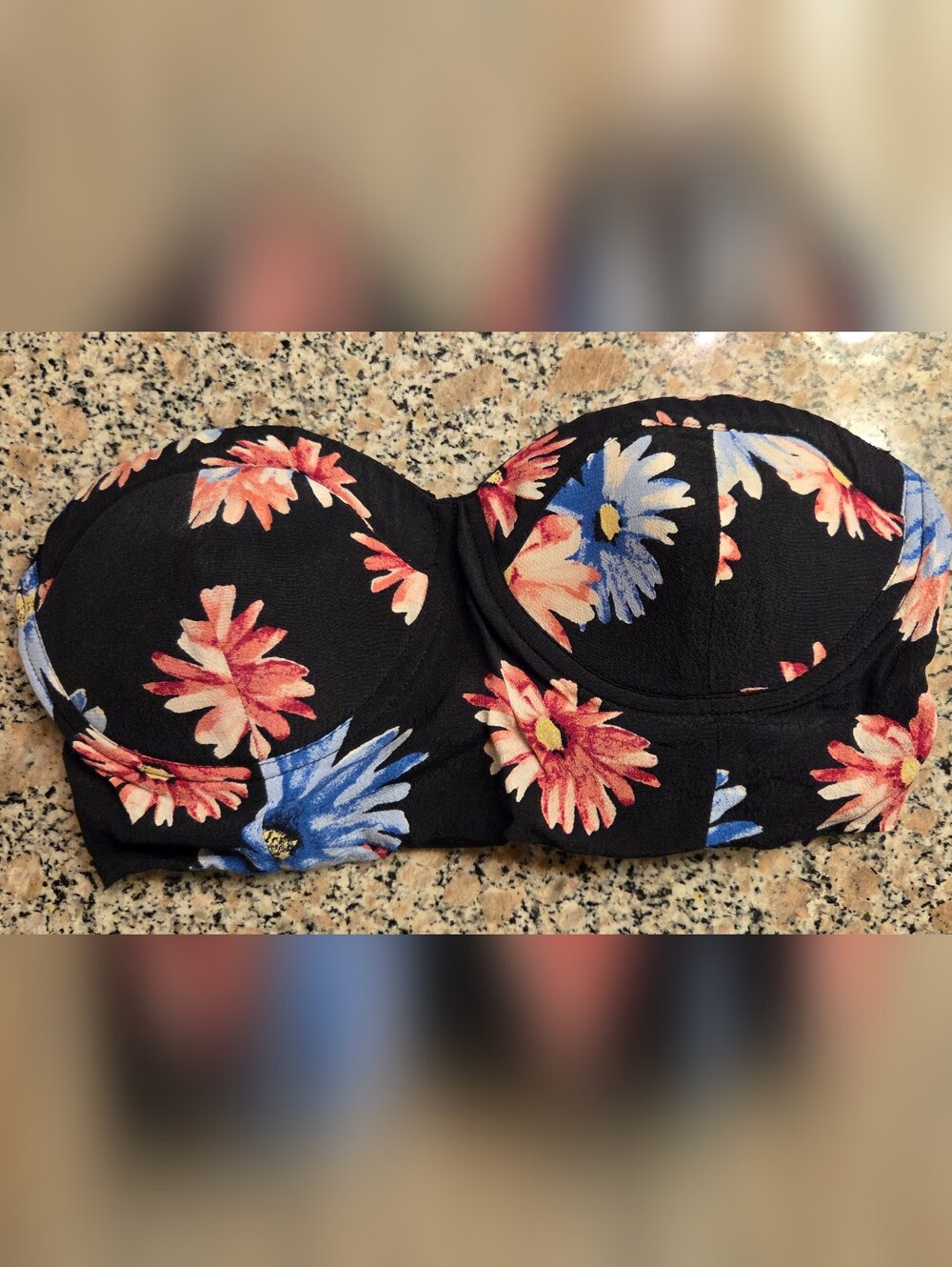Strapless Floral Bandeau Top - Black with Pink & Blue Flowers